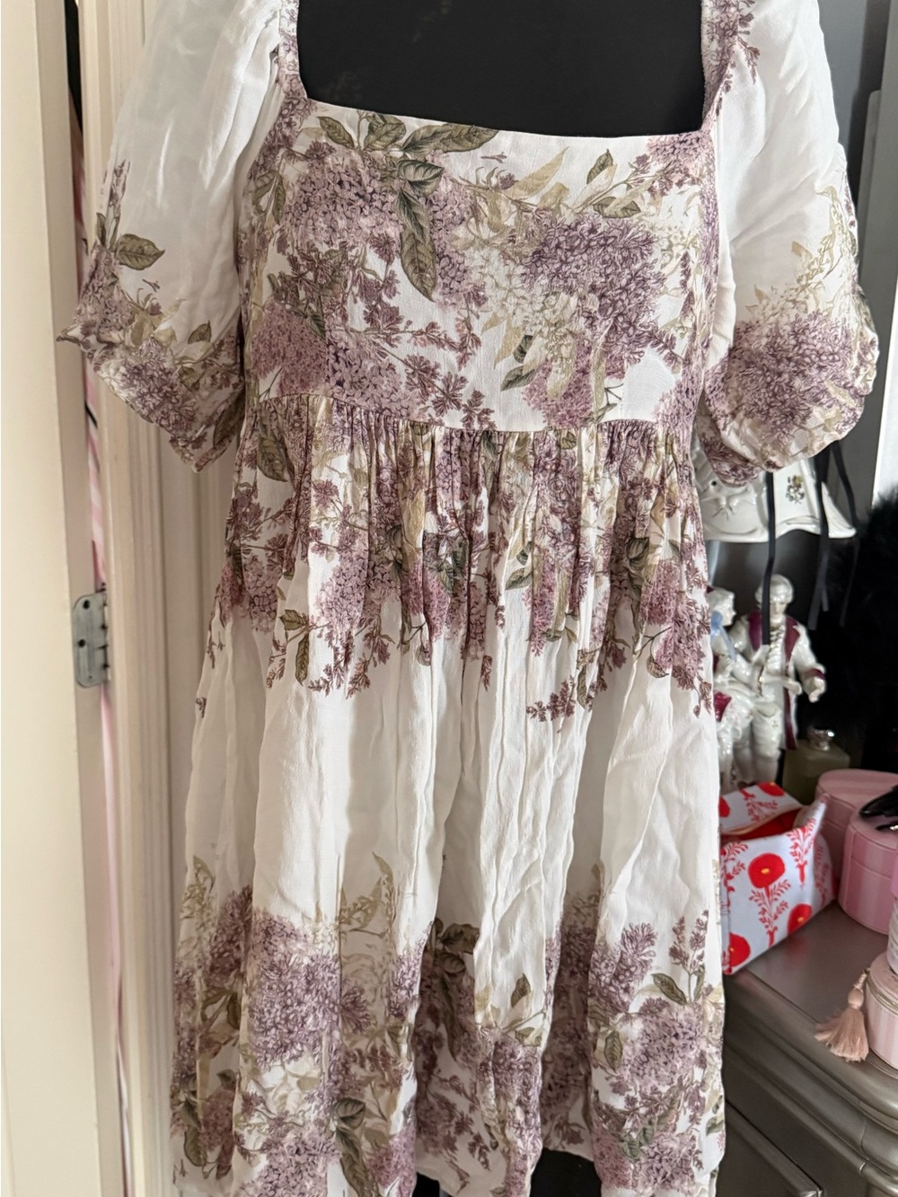 Antonio Melani Floral Puff-Sleeve Dress - White & Lavender